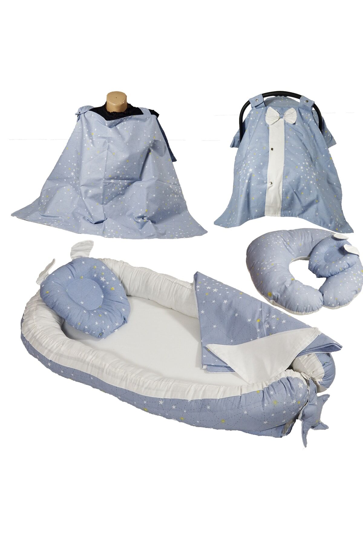 Babynest Puset Örtüsü Ortopedik Puset Minderi Ve Araba Minderi Emzirme Örtüsü 10 Lu Set Mavi Yıldız