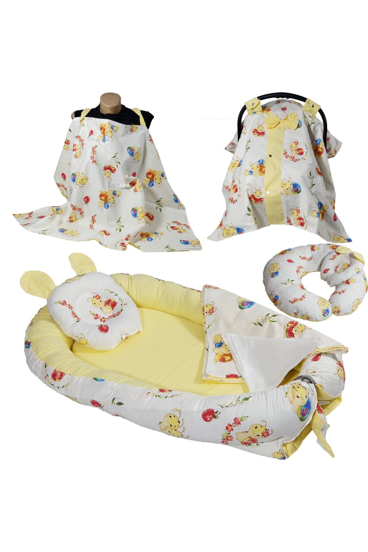 Babynest Puset Örtüsü Ortopedik Puset Minderi Ve Araba Minderi Emzirme Örtüsü 10 Lu Set Sarı Figür