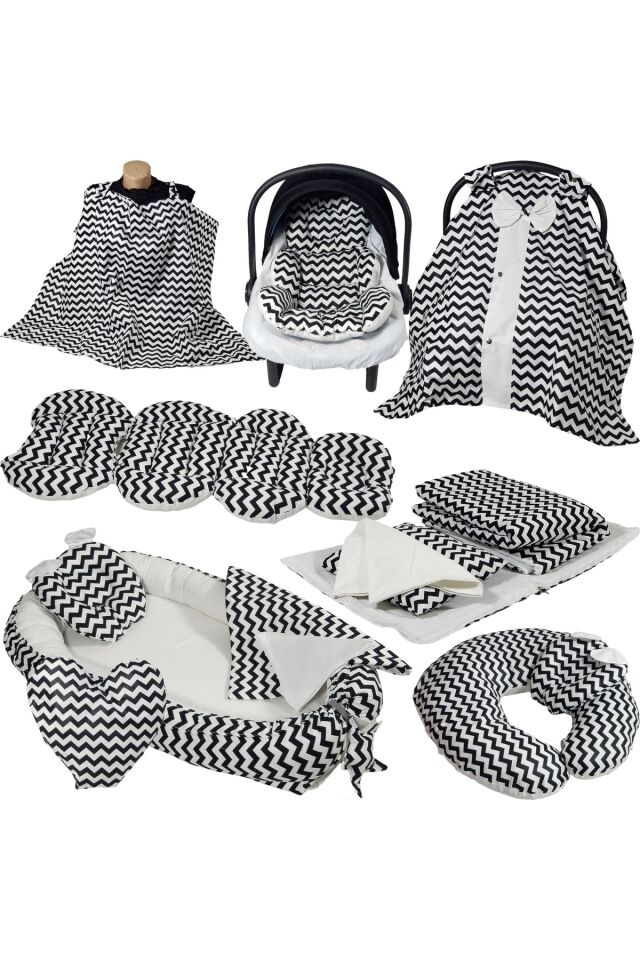 Babynest Puset Içi Set Araba Minderi Emzirme Örtüsü Ve Minderi Beşik Içi Nevresim Takımı 15 Li Set Siyah Zikzak