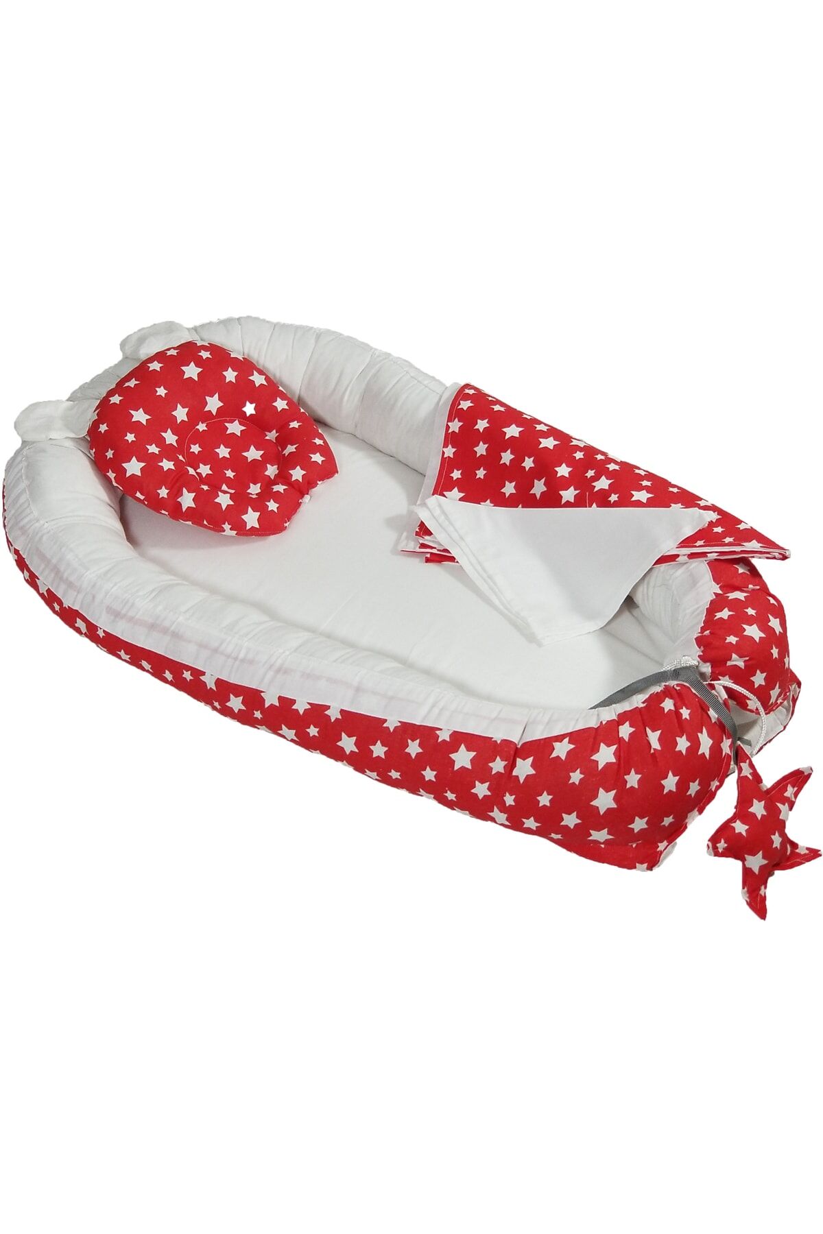 Babynest Anne Yanı Bebek Yatağı Seti %100 Pamuk Kırmızı Ponponlu Yatak Pike Battaniye ve Kalp Yastık Kırmızı