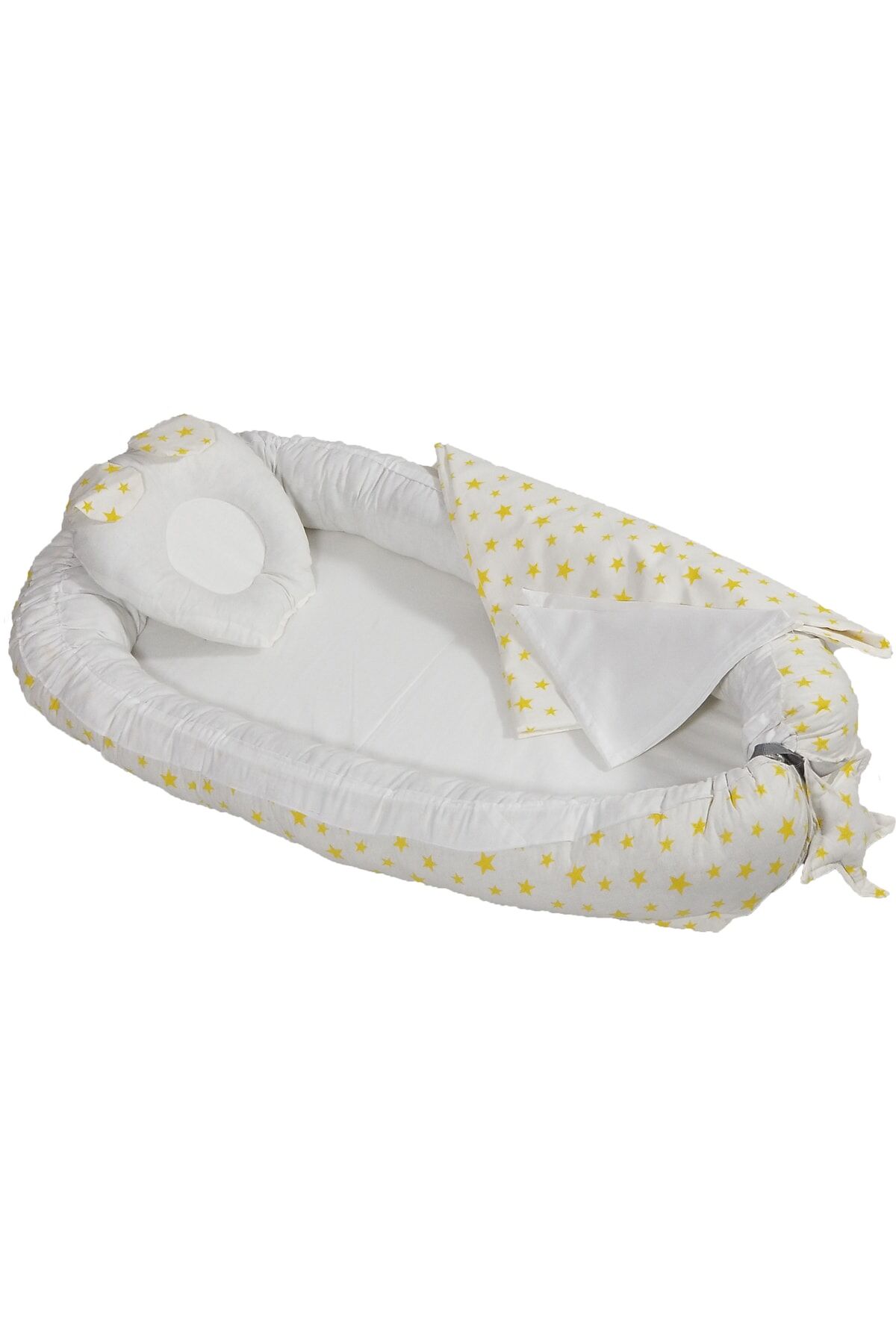 Babynest Anne Yanı Bebek Yatağı Seti %100 Pamuk Kırmızı Ponponlu Yatak Pike Battaniye ve Kalp Yastık Sarı
