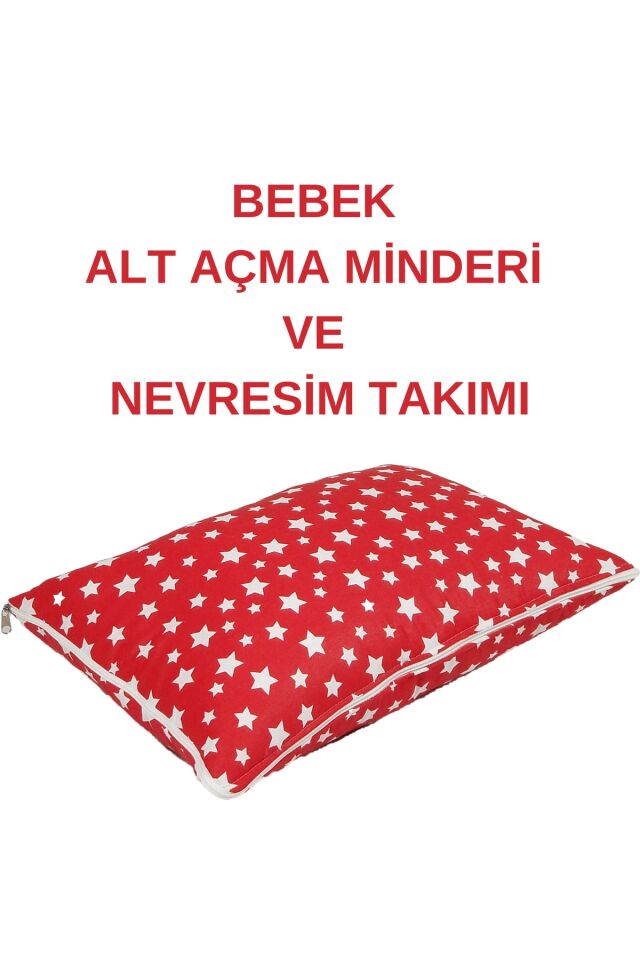 %100 Pamuklu Kırmızı Yıldızlı Kumaş Bebek Alt Açma Minderi Ve Beşik Içi Nevresim Takımı Kırmızı Yıldızlı