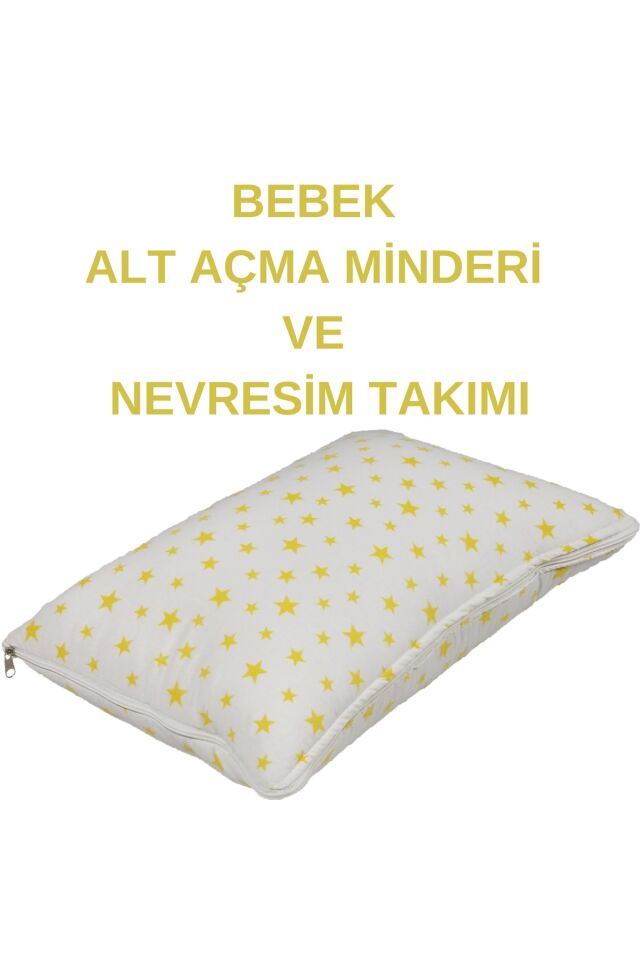 %100 Pamuklu Sarı Yıldızlı Kumaş Bebek Alt Açma Minderi ve Beşik İçi Nevresim Takımı Sarı Yldızlı