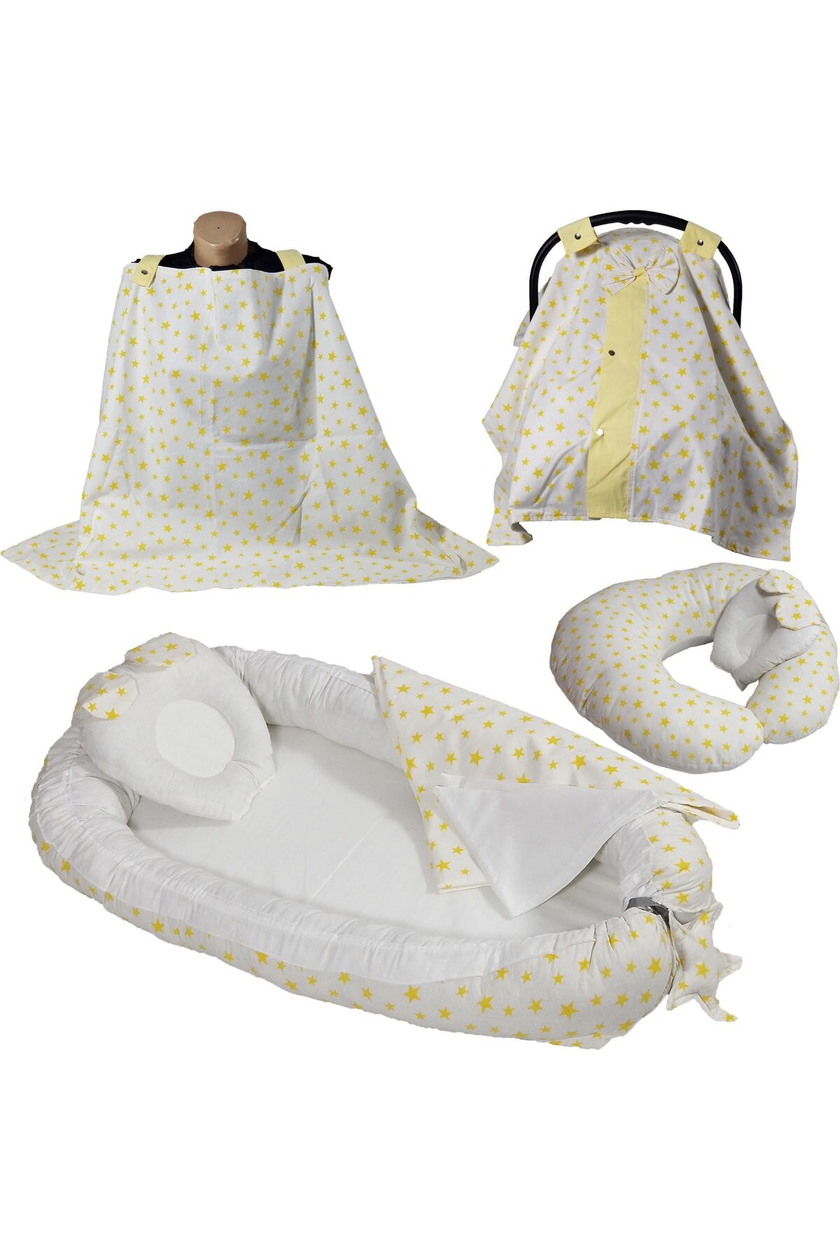 Babynest Puset Örtüsü Ortopedik Puset Minderi Ve Araba Minderi Emzirme Örtüsü 10 Lu Set Sarı Yıldız