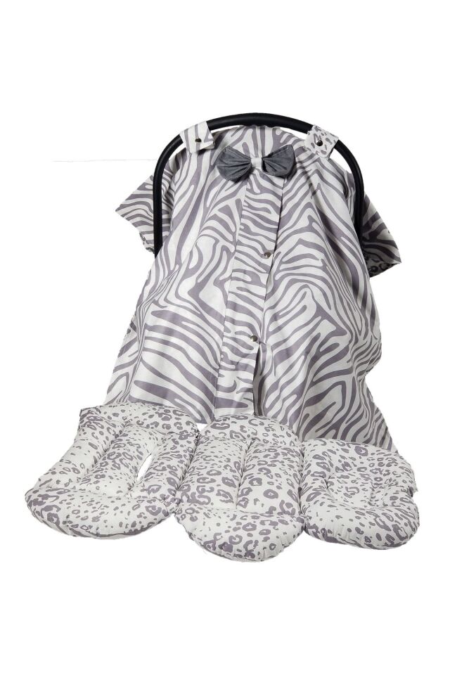 Babynest Puset Örtüsü Ortopedik Puset Minderi Ve Araba Minderi Emzirme Örtüsü 10 Lu Set Gri Zebra