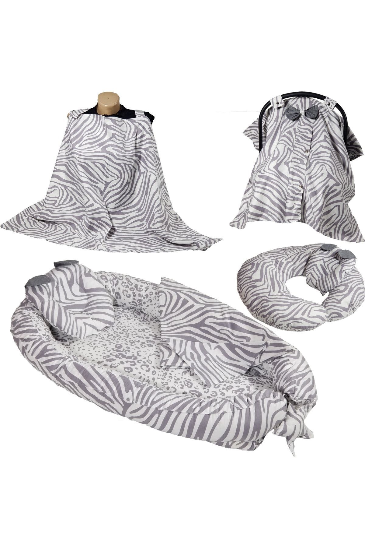 Babynest Puset Örtüsü Ortopedik Puset Minderi Ve Araba Minderi Emzirme Örtüsü 10 Lu Set Gri Zebra