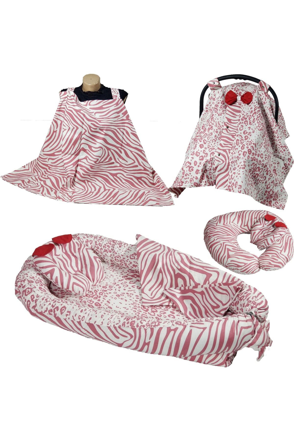 Babynest Puset Örtüsü Ortopedik Puset Minderi Ve Araba Minderi Emzirme Örtüsü 10 Lu Set Pembe Zebra