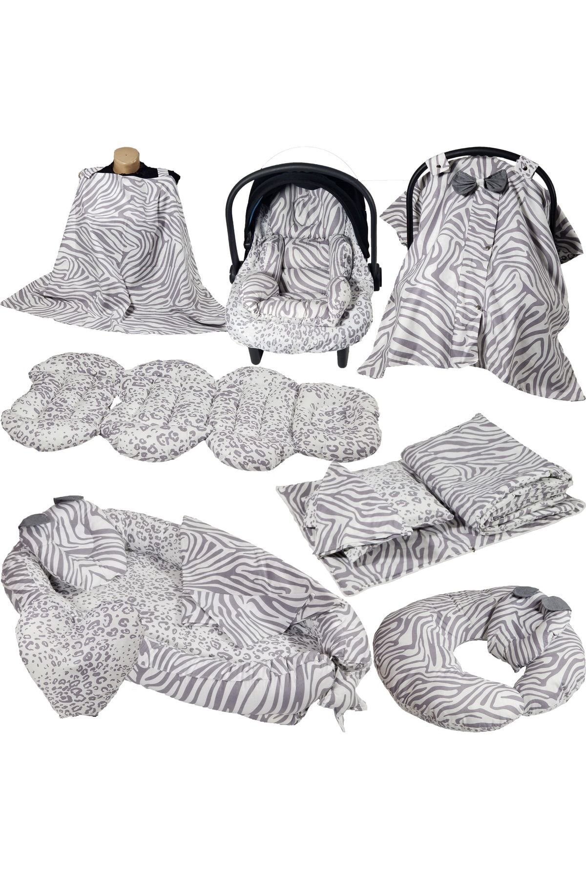 Babynest Puset Içi Set Araba Minderi Emzirme Örtüsü Ve Minderi Beşik Içi Nevresim Takımı 15 Li Set Gri Zebra