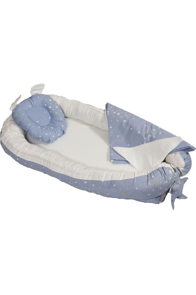 Babynest Puset Içi Set Araba Minderi Emzirme Örtüsü Ve Minderi Beşik Içi Nevresim Takımı 15 Li Set Mavi Yıldız