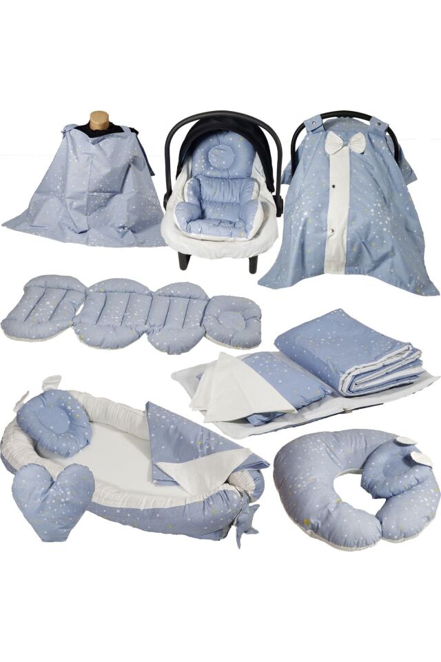 Babynest Puset Içi Set Araba Minderi Emzirme Örtüsü Ve Minderi Beşik Içi Nevresim Takımı 15 Li Set Mavi Yıldız
