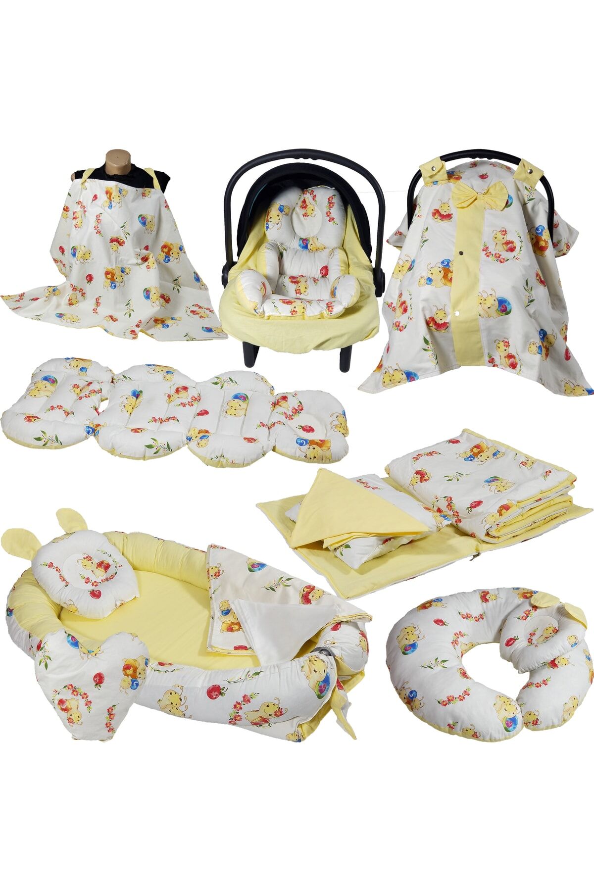 Babynest Puset Içi Set Araba Minderi Emzirme Örtüsü Ve Minderi Beşik Içi Nevresim Takımı 15 Li Set Sarı Figür