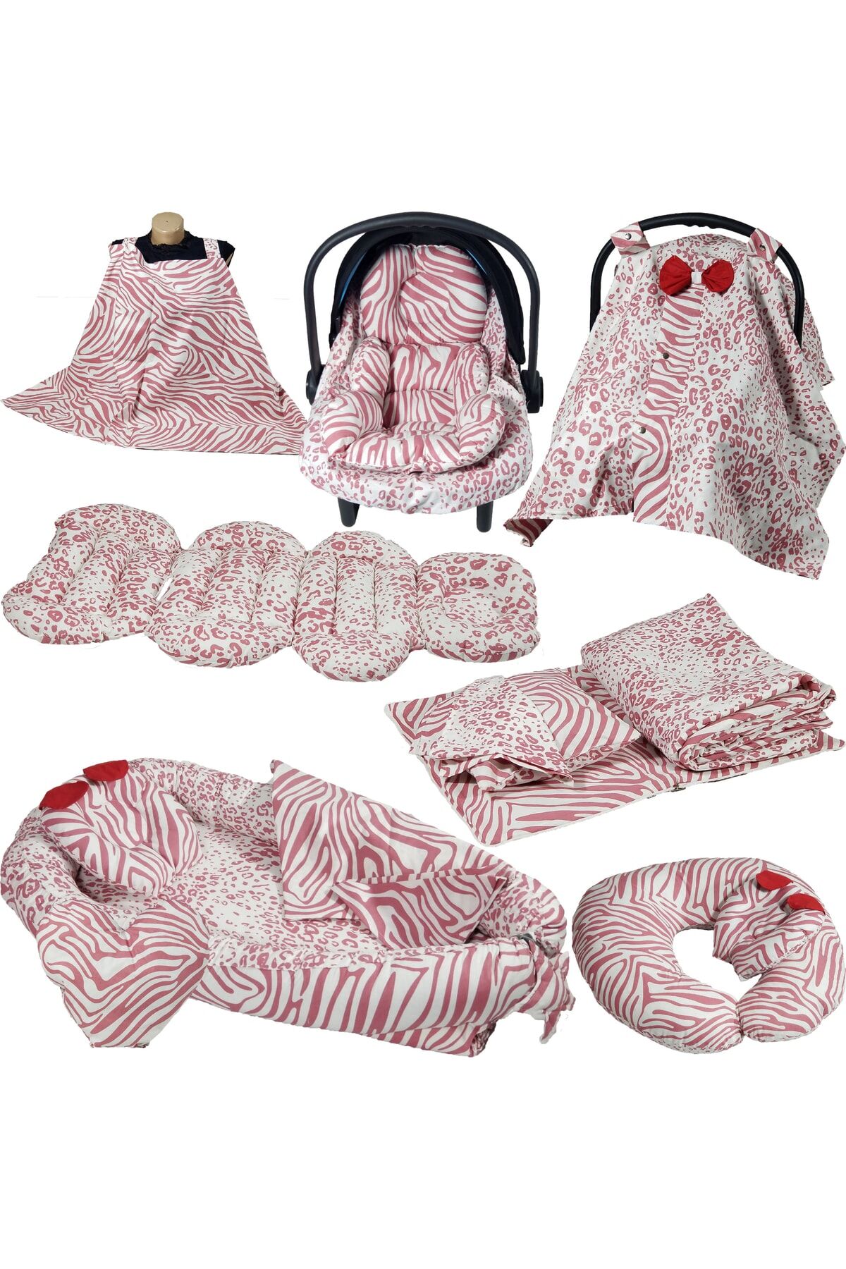 Babynest Puset Içi Set Araba Minderi Emzirme Örtüsü Ve Minderi Beşik Içi Nevresim Takımı 15 Li Set Pembe Zebra