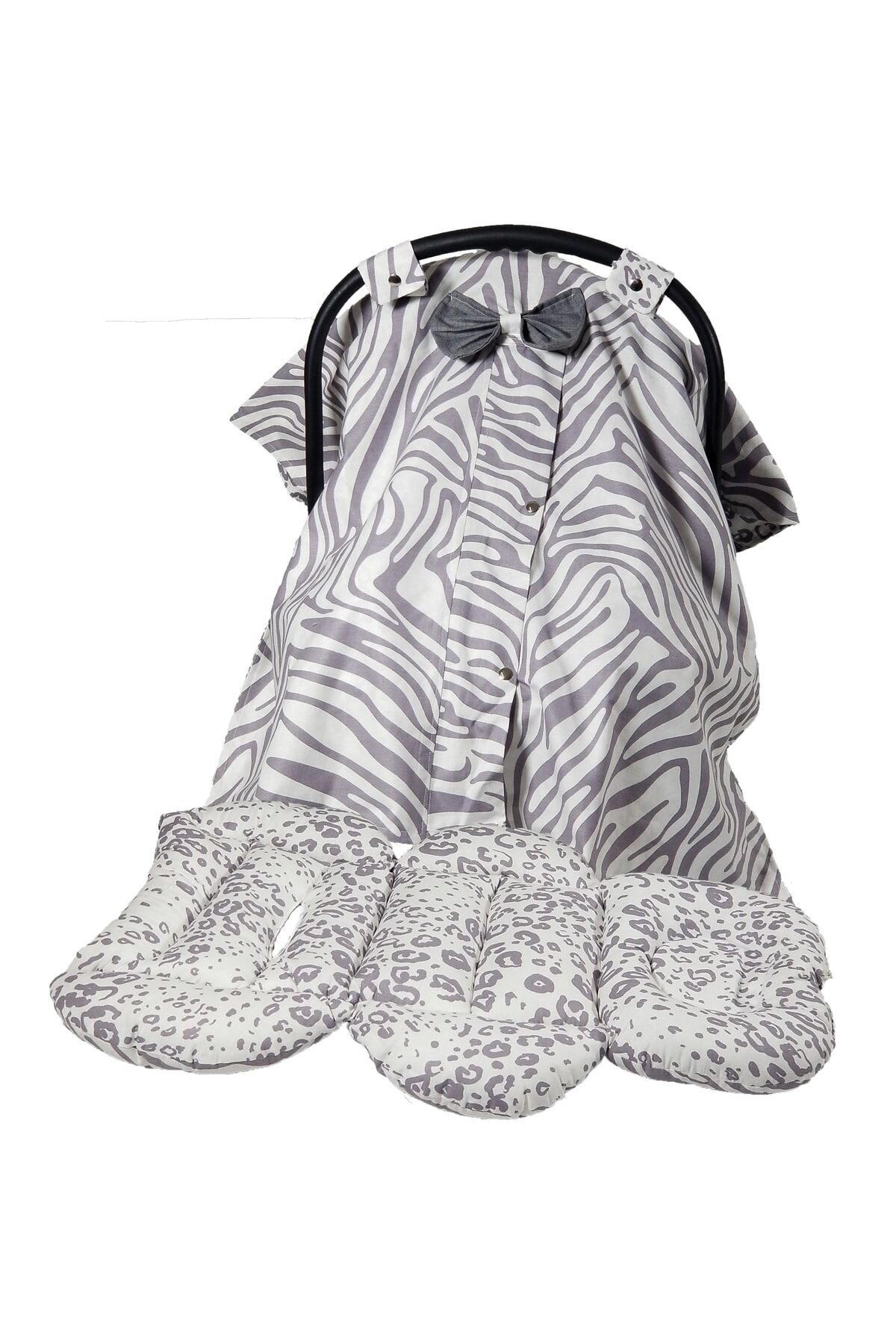 Puset Örtüsü, Puset Çarşafı, Ortopedik Puset Minderi 3 Lü Set Gri Zebra
