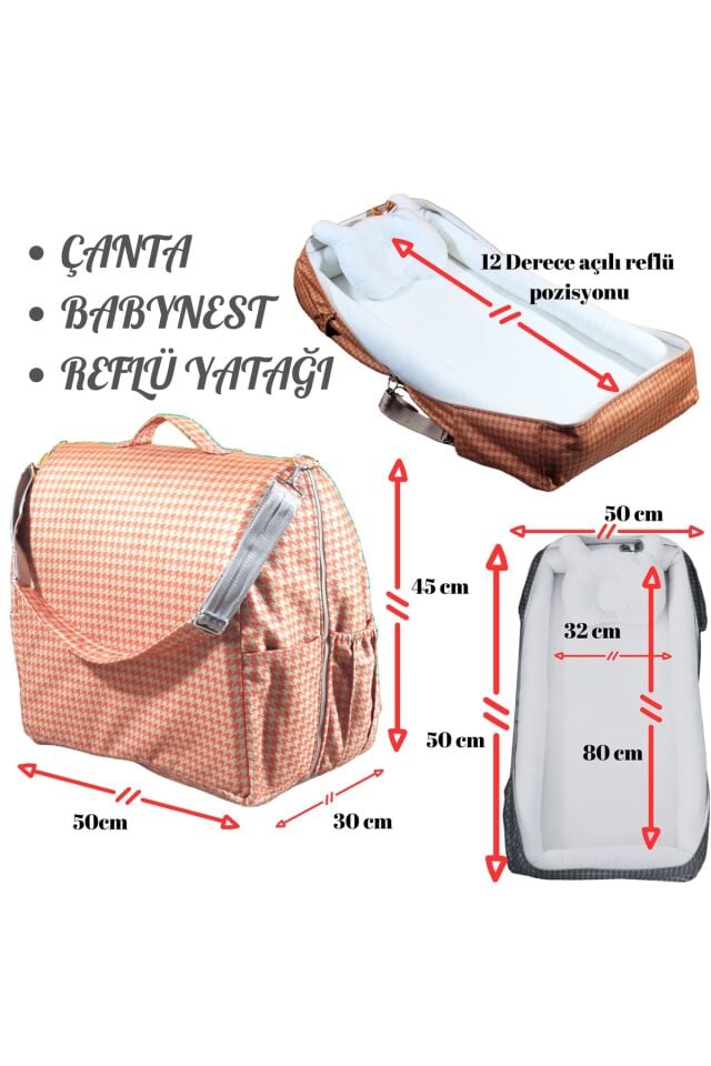 Çantalı Babynest, Bebek Çantası, Taşına Bilir Ebeveyn Yanı Reflü Yatağı Kazayağı Desenli Turuncu-Beyaz