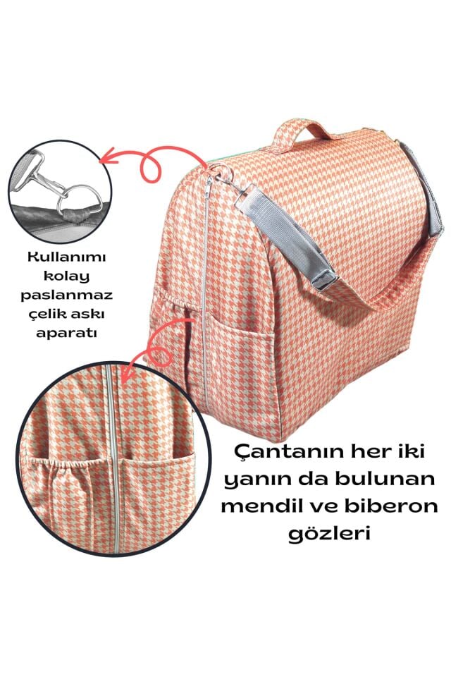 Çantalı Babynest, Bebek Çantası, Taşına Bilir Ebeveyn Yanı Reflü Yatağı Kazayağı Desenli Turuncu-Beyaz