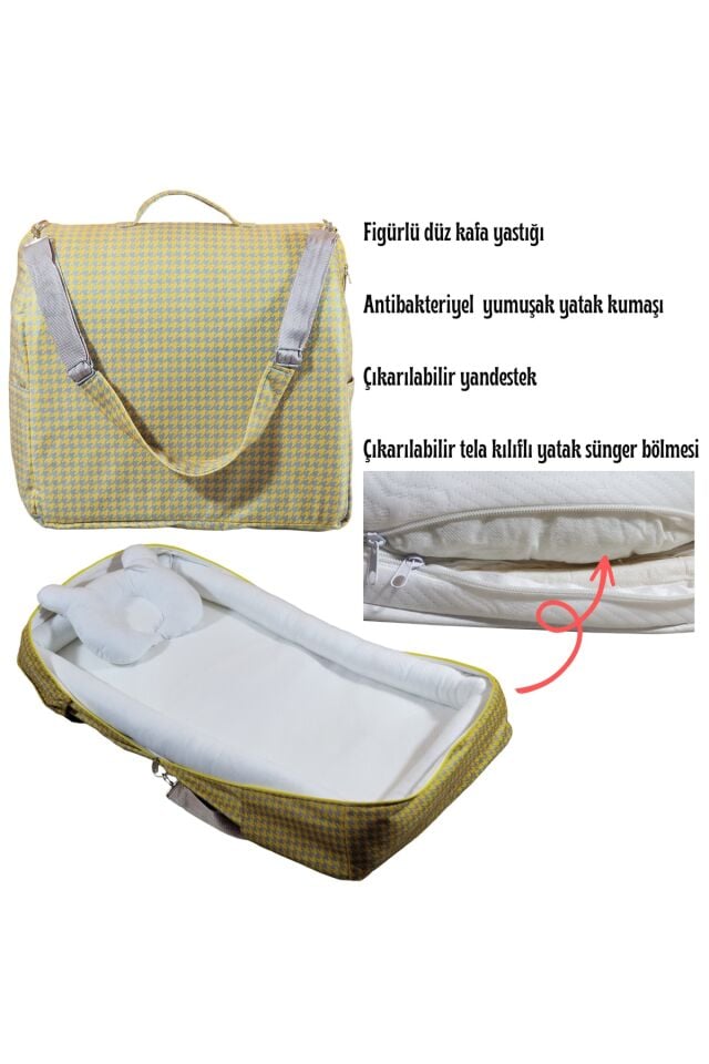 Çantalı Babynest, Bebek Çantası, Taşına Bilir Ebeveyn Yanı Reflü Yatağı Kazayağı Desenli Sarı-Beyaz