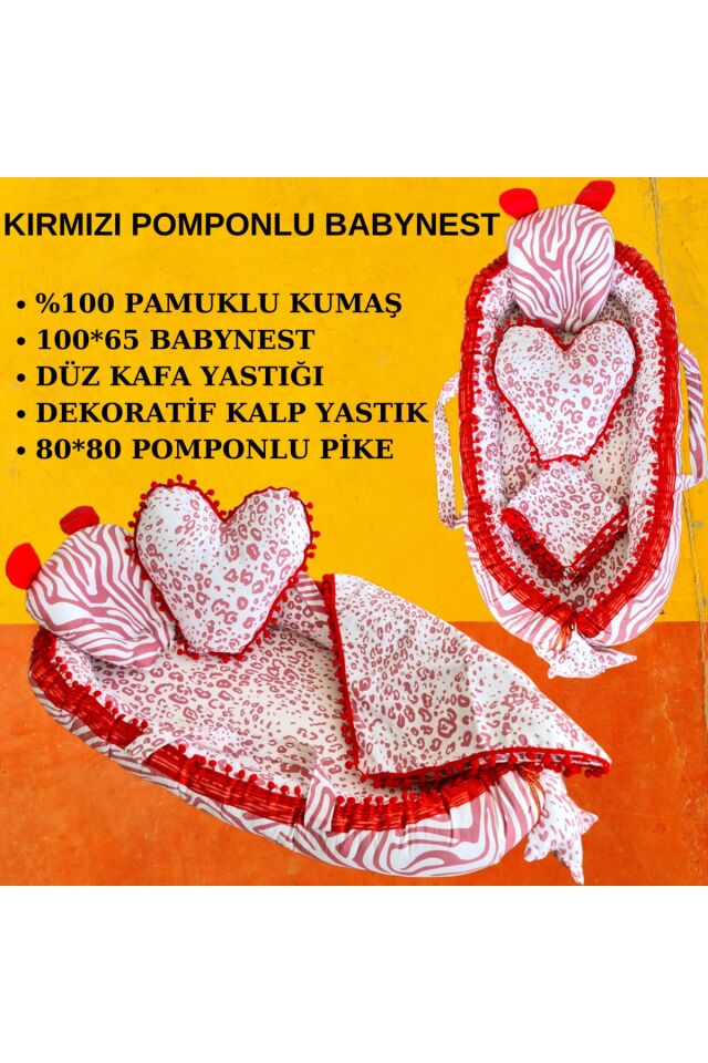 %100 Pamuklu ponponlu Babynest Anne Yanı Bebek Yatağı Gri Zebra