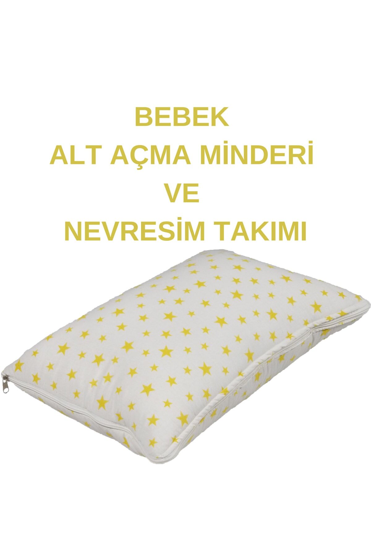 %100 Pamuklu Sarı Yıldızlı Kumaş Bebek Alt Açma Minderi ve Beşik İçi Nevresim Takımı