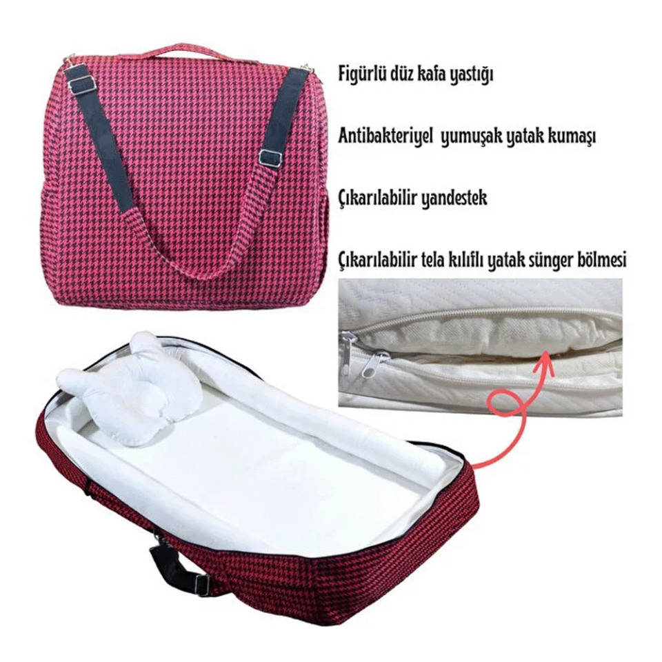 Çantalı Babynest, Bebek Çantası, Taşına Bilir Ebeveyn Yanı Reflü Yatağı Kazayağı Desenli