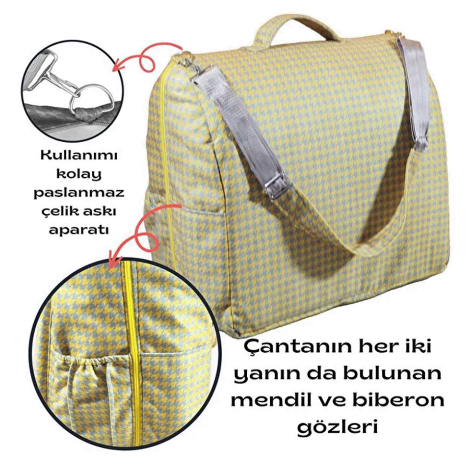 Çantalı Babynest, Bebek Çantası, Taşına Bilir Ebeveyn Yanı Reflü Yatağı Kazayağı Desenli