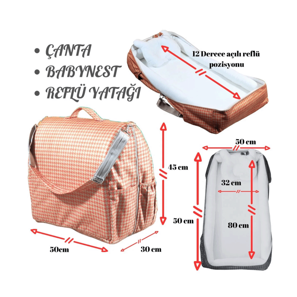 Çantalı Babynest, Bebek Çantası, Taşına Bilir Ebeveyn Yanı Reflü Yatağı Kazayağı Desenli