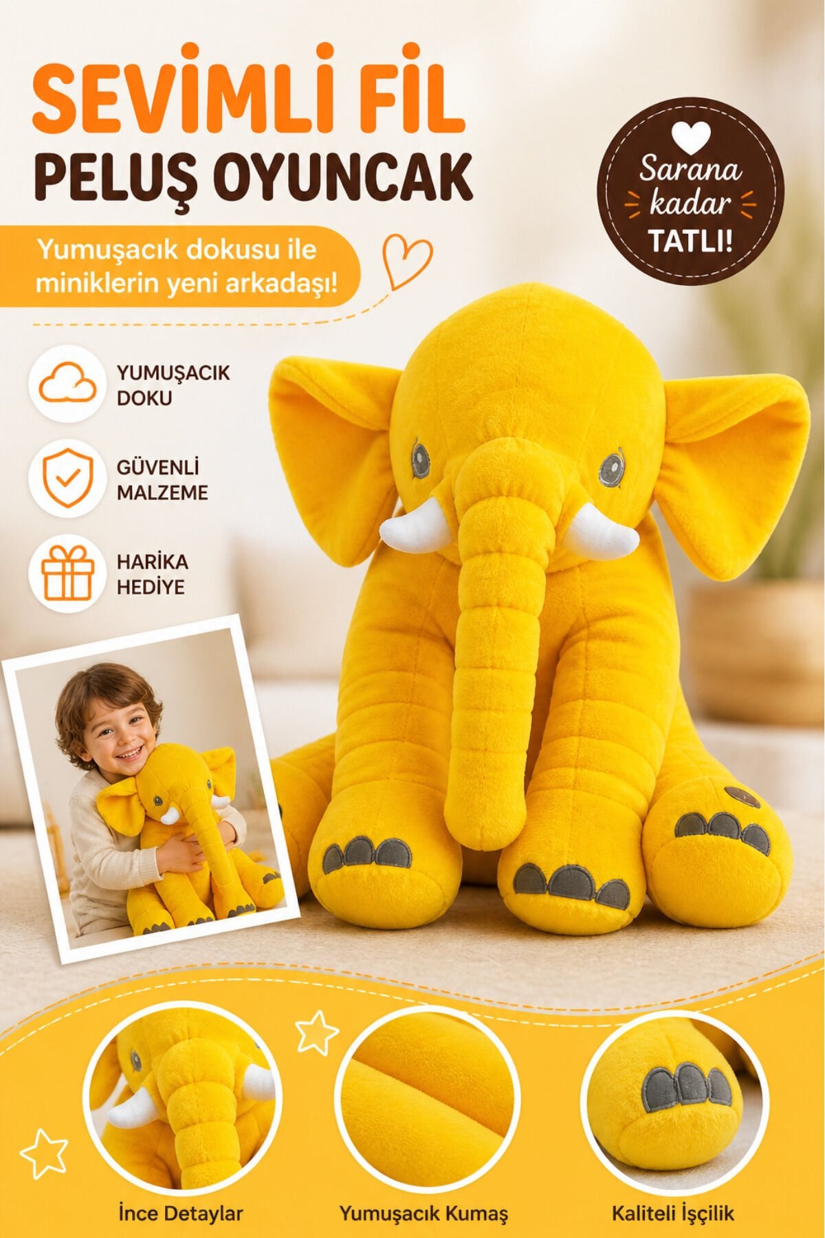 Uyku Arkadaşım Fil 65 Cm Jumbo Boy Fil