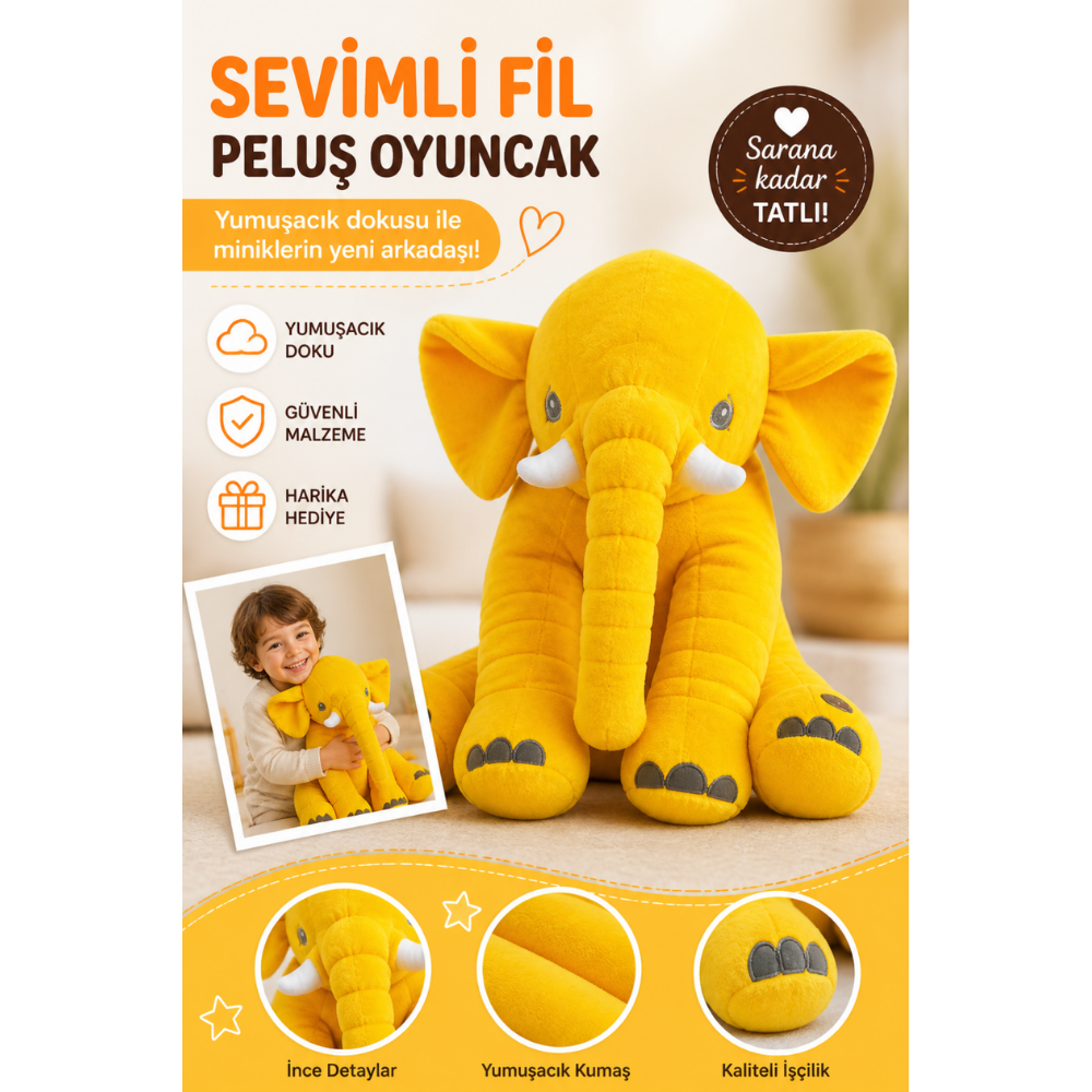 Uyku Arkadaşım Fil 65 cm Jumbo Boy Peluş Oyuncak – Antialerjik, Yıkanabilir, Yumuşak Dokulu Bebek Uyku Oyuncağı