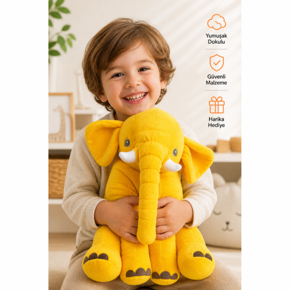 Uyku Arkadaşım Fil 65 cm Jumbo Boy Peluş Oyuncak – Antialerjik, Yıkanabilir, Yumuşak Dokulu Bebek Uyku Oyuncağı