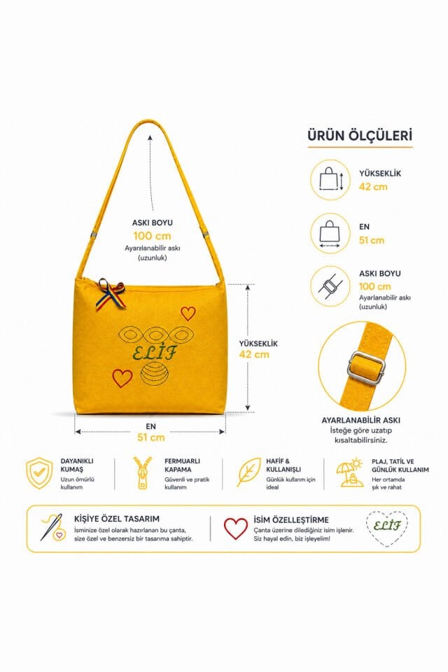Kişiye Özel Isimli Nakışlı Sarı Plaj Çantası – Su Itici Kumaş, Fermuarlı, Ayarlanabilir Askılı Günlük Omuz Çantası