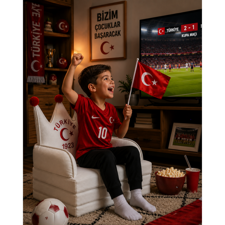 Türkiye Futbol Takımı Taraftar Temalı Katlanabilir Çocuk Koltuğu ve Minder Yatak | Ay Yıldız Nakışlı Taç Şekilli Sünger Koltuk