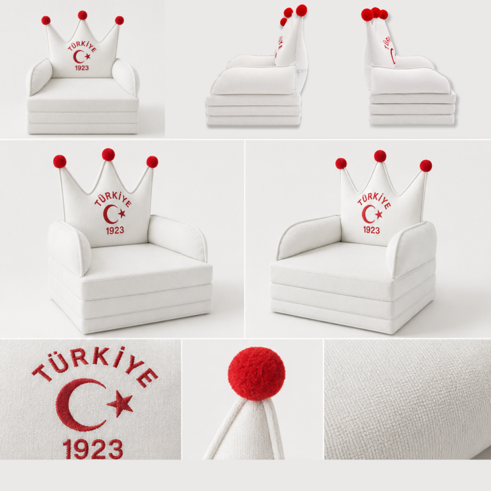 Türkiye Futbol Takımı Taraftar Temalı Katlanabilir Çocuk Koltuğu ve Minder Yatak | Ay Yıldız Nakışlı Taç Şekilli Sünger Koltuk