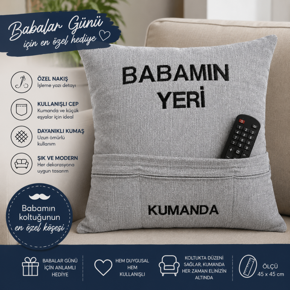Babalar Günü Hediyesi Babamın Yeri Kumanda Cepli Nakışlı Dekoratif Yastık | TV Kumandalık Organizer Yastık