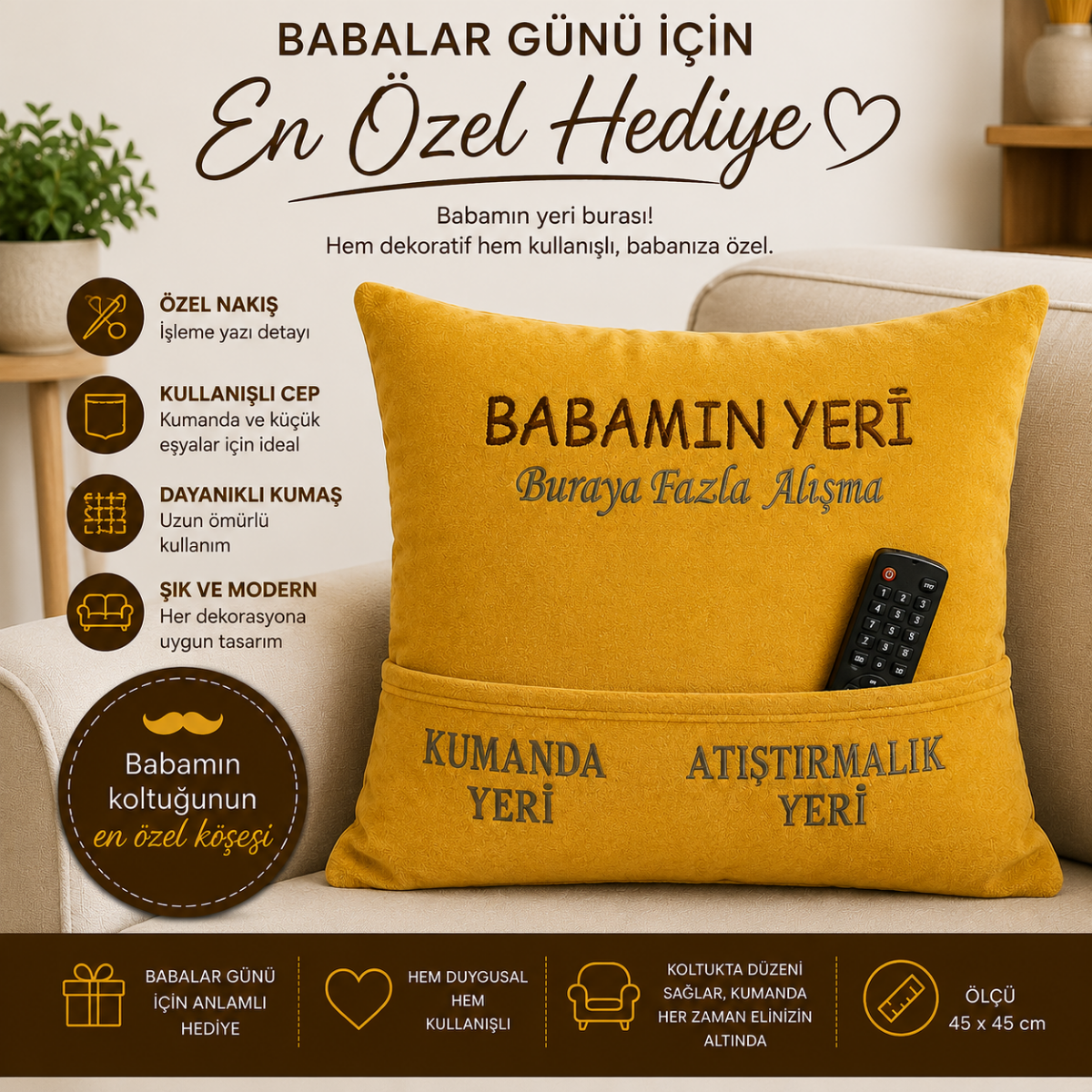 Babalar Günü Hediyesi Babamın Yeri Kumanda Cepli Nakışlı Dekoratif Yastık | TV Kumandalık Organizer Yastık