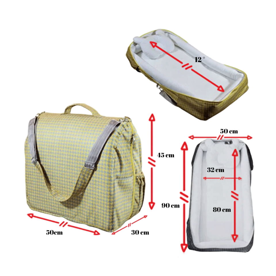 2’si 1 Arada Çantalı Taşınabilir %100 Pamuklu Anne Yanı Bebek Yatağı Babynest Bebek Reflü Yatağı 45x90 cm Sarı - Gri