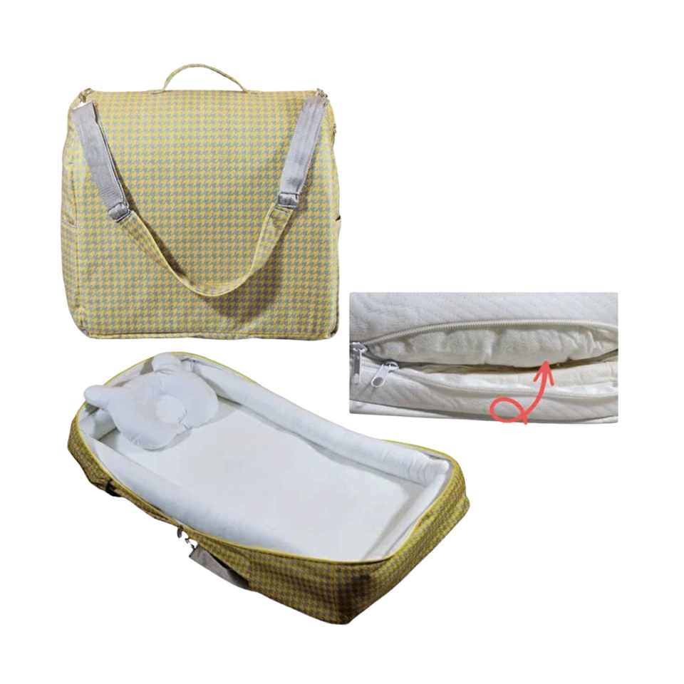2’si 1 Arada Çantalı Taşınabilir %100 Pamuklu Anne Yanı Bebek Yatağı Babynest Bebek Reflü Yatağı 45x90 cm Sarı - Gri