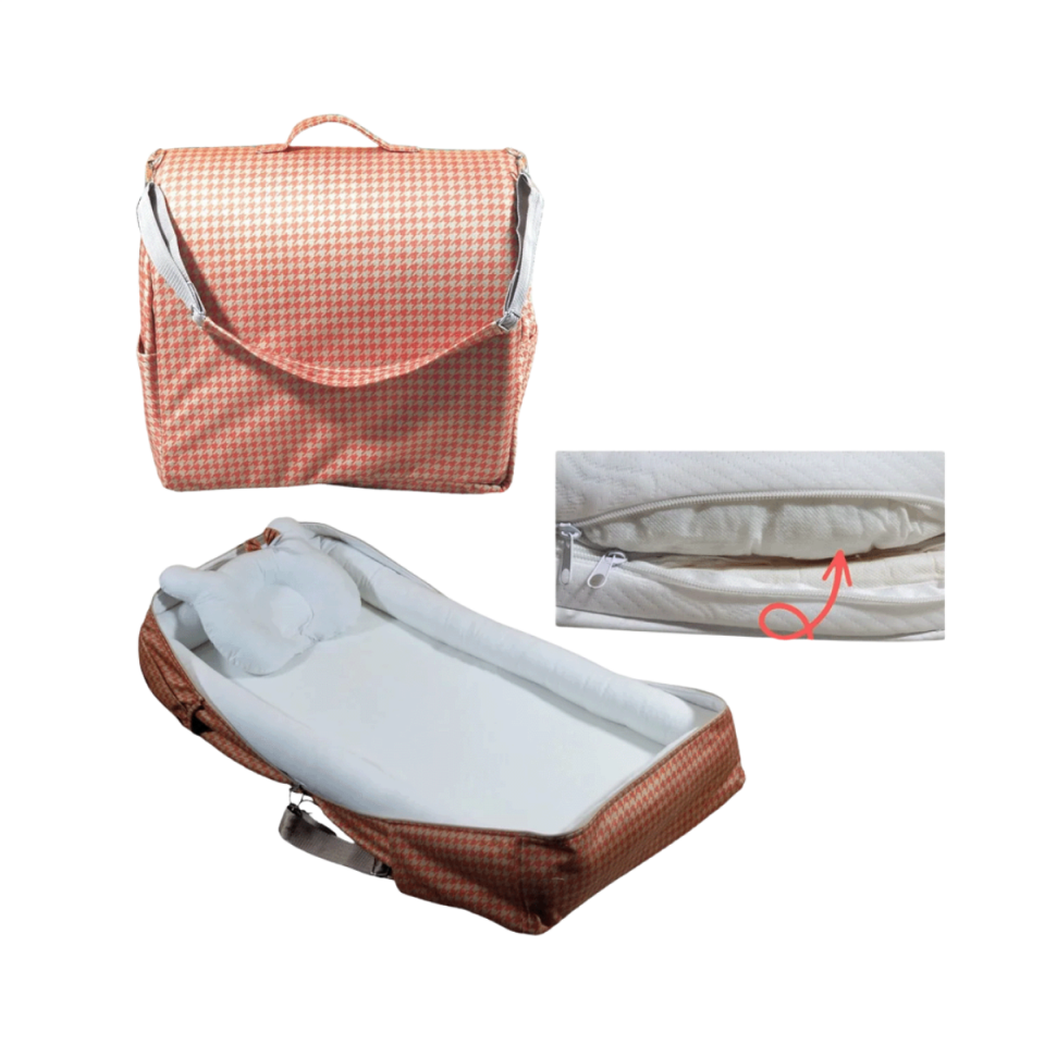 2’si 1 Arada Çantalı Taşınabilir %100 Pamuklu Anne Yanı Bebek Yatağı Babynest Bebek Reflü Yatağı 45x90 cm Turuncu - Bej