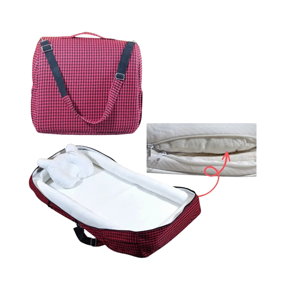 2’si 1 Arada Çantalı Taşınabilir %100 Pamuklu Anne Yanı Bebek Yatağı Babynest Bebek Reflü Yatağı 45x90 cm Kırmızı - Siyah