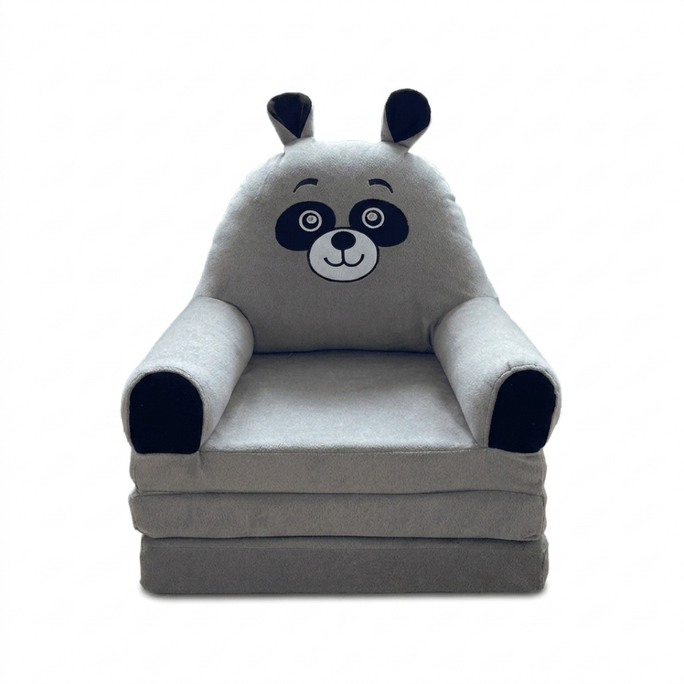 Panda Figürlü Katlanabilir Çocuk Koltuğu Açılır Yataklı Minder Çocuk Oturma Koltuğu Gri