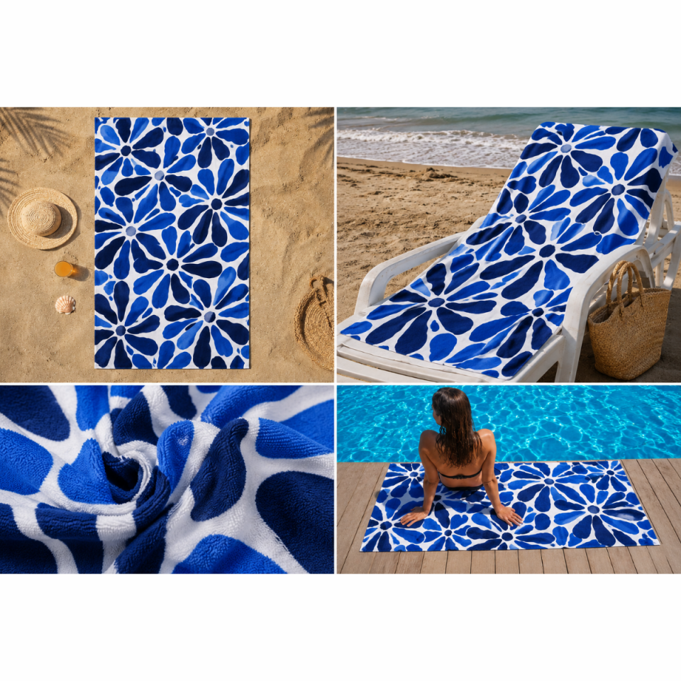 Yumuşak Dokulu Büyük Boy Plaj Havlusu 100x180 cm Desenli Deniz Havuz Havlusu Hızlı Kuruyan Çok Amaçlı Havlu Mavi - Lacivert