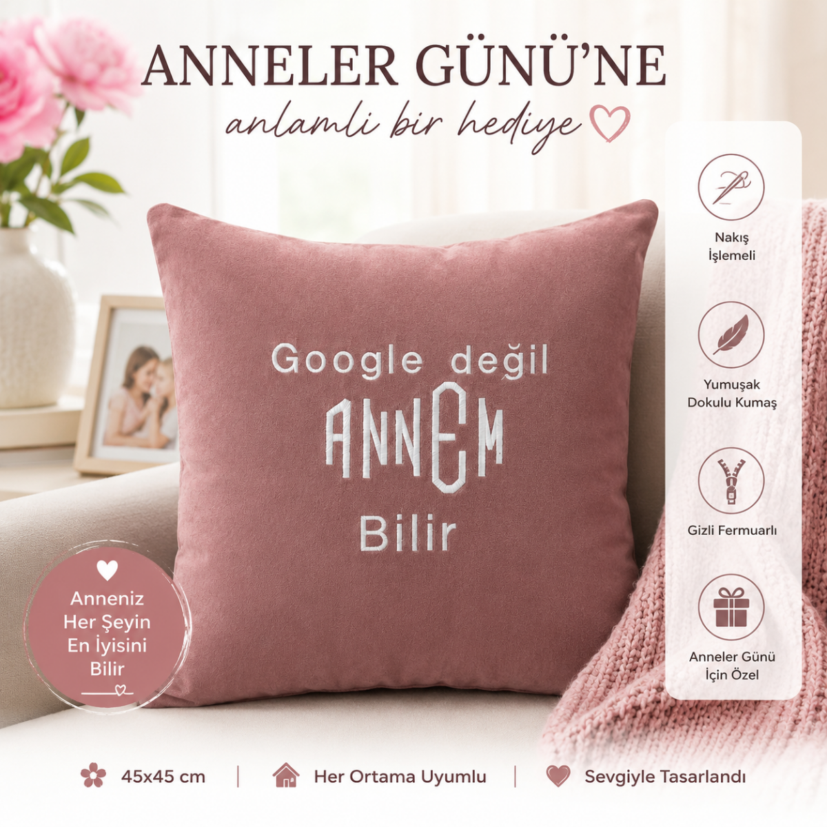 Anneler Günü Hediyesi Google Değil Annem Bilir Nakışlı Dekoratif Kırlent & Yastık